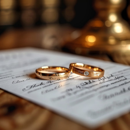Two gold wedding rings on a piece of paperの素材