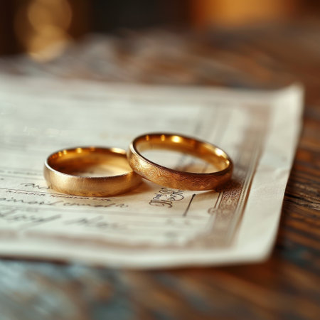 Two gold wedding rings on a piece of paperの素材