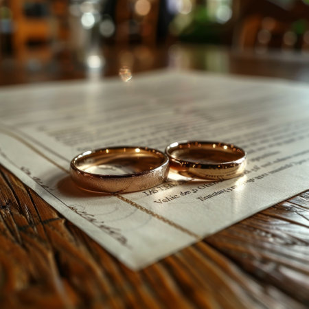 Two gold wedding rings on a piece of paperの素材