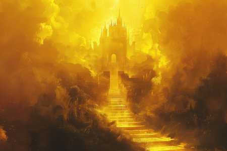 A painting of a castle with a golden door and a staircase leading up to itの素材