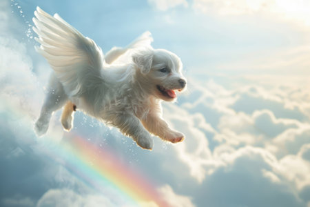 A small dog is flying through the sky with a rainbow in the backgroundの素材