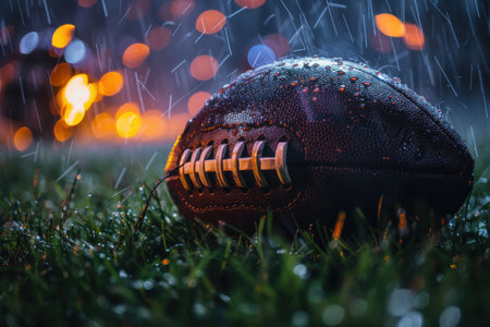 A football is on the ground in a field with rain and lightningの素材