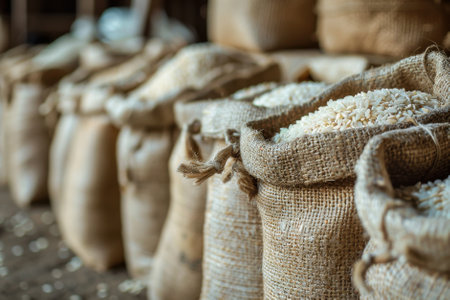 A pile of bags of rice are stacked on top of each otherの素材