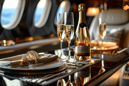 A bottle of champagne and two glasses of champagne on a table in private jet at airport. Travel conceptの素材