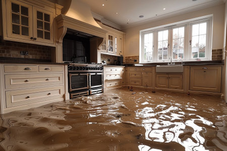 Water spilling onto a flood home floor from the ceiling. House Insurance conceptの素材
