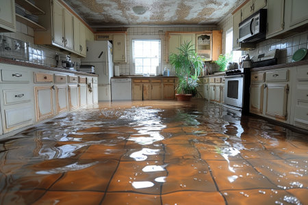 Water spilling onto a flood home floor from the ceiling. House Insurance conceptの素材