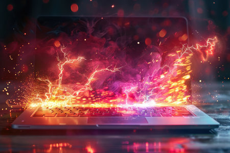 A laptop is on a table with smoke coming. sci-fi technology.の素材