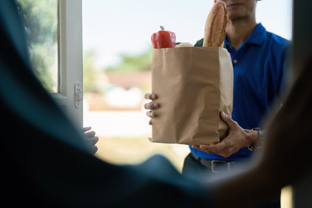 Person Delivering Groceries to Doorstep, Contactless Delivery Service, Safe and Convenient Home...