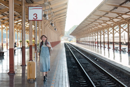 Woman with Luggage at Train Station Platform Ready for Travel Adventure, Waiting for Train Arrival, Sunny Day, Wooden Roof Structure, Number 3 Sign, Railway Tracks, Journey Beginsの写真素材