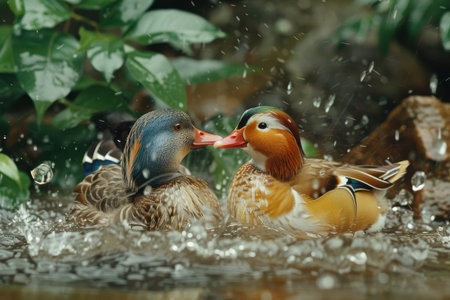 Two ducks are playing in a pondの素材