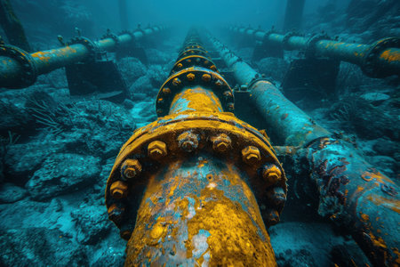Gas pipeline underwater. metal conduit for transport in blue oceanの素材