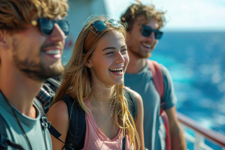 Vacation on the cruise ship. Young group travelers enjoys the ocean viewの素材