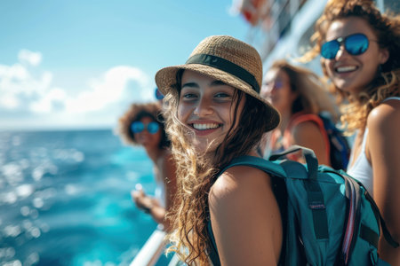 Vacation on the cruise ship. Young group travelers enjoys the ocean viewの素材