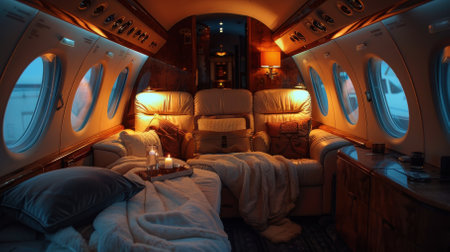 Inside a luxury jet plane with a comfortable seat. Premium travel conceptの素材