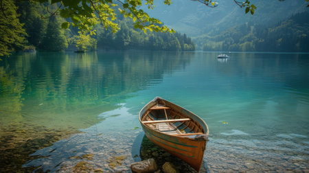 A wooden kayak or canoe on water with beautiful lakeの素材