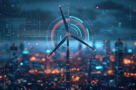 A blue and white turbine with a black tip. Renewable energyの素材