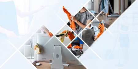 Collage photo of cleaning service Professional Cleaning Group Performing Cleaning Tasks household choresの写真素材