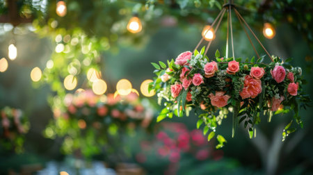 A wreath of flowers is hanging from a treeの素材