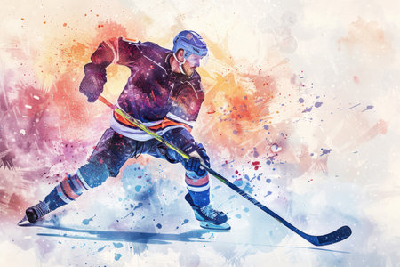 A hockey player is skating on the ice with a stick in his handの素材
