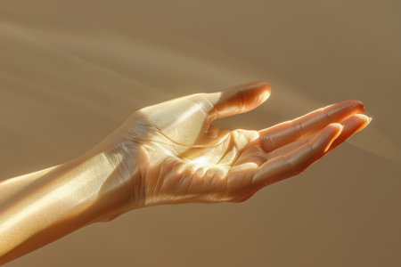 A hand is shown in a goldish color with a light shining on itの素材