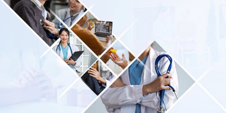 Collage of Modern Medical Professionals and Healthcare Services in Various Settingsの写真素材