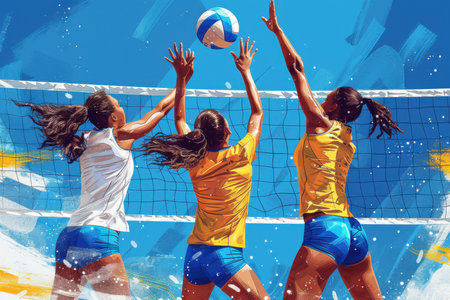 Three women playing volleyball, one of them is about to hit the ballの素材