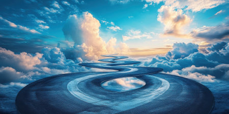 A blue and white road with clouds in the backgroundの素材