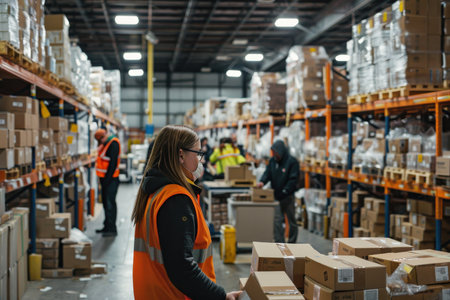 A woman wearing a mask and an orange vest is working in a warehouseの素材