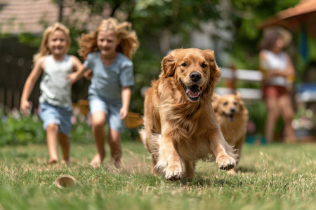 A dog is running in a field with two children playing behind itの素材