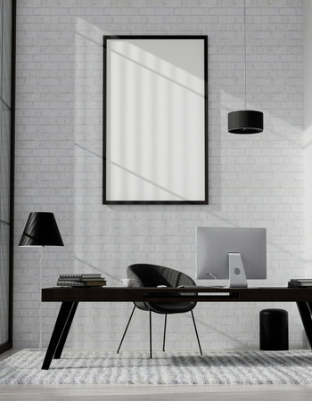 Modern Minimalist Home Office with Large Blank Frame on Brick Wall and Sleek Black Furniture