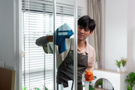 Young Man Cleaning Glass Door with Cloth and Spray Bottle in Modern Home Interiorの写真素材