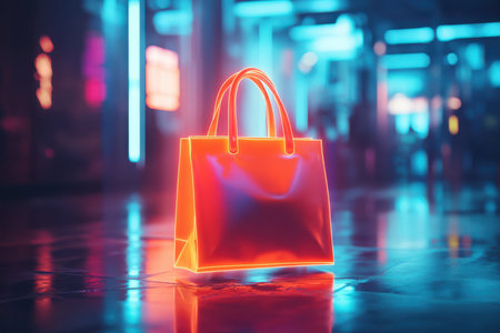 A bright orange shopping bag is lit up in a neon lightの素材