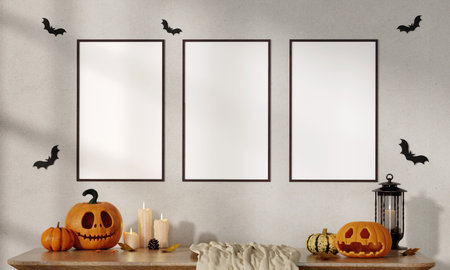 Minimalist Halloween Setup with Jack-O-Lanterns and Bat Decor 3D Renderの写真素材