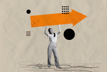 Creative Collage of Woman Holding Large Orange Arrow with Abstract Geometric Shapes on Beige...