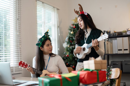 Festive Business Christmas Party with Colleagues Celebrating in Office with Gifts and Holiday...