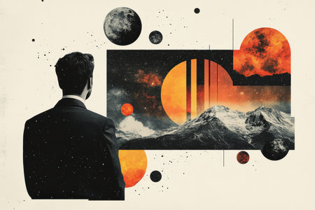 A man is looking at a large screen with a mountain range in the backgroundの素材