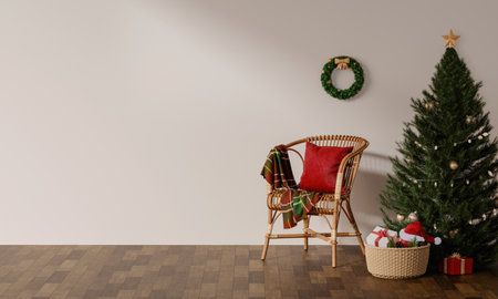 Minimalist Holiday Decor with Tree and Chair 3D Renderの写真素材
