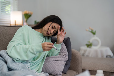 Young Woman Checking Temperature While Resting on Couch in Cozy Living Room with Soft Lighting and...
