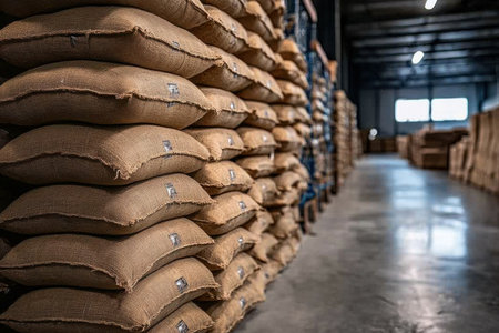 A warehouse with a large stack of bags of riceの素材