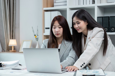 Professional Businesswomen collaboration in Modern Office Environment with Laptop and Documentsの写真素材