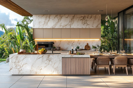 Modern kitchen design showcase in tropical paradise interior photography serene ambiance stylish viewpoint home decor inspirationの素材