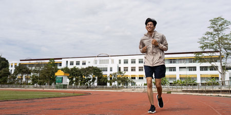 Young Adult Jogging on Track Promoting Health and Wellness in an Outdoor Setting with Modern Athletic Wear and a Focus on Fitness and Lifestyleの写真素材