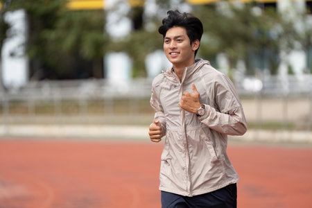 Energetic Young Man Jogging Outdoors in Sportswear for a Healthy Lifestyle and Fitness Routineの写真素材