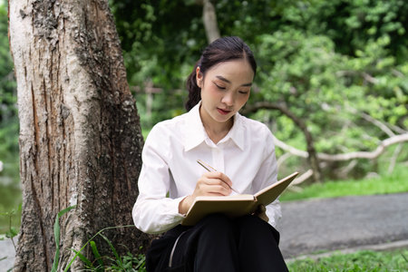 Young Professional Reading and Working Outdoors in a Serene Park Setting with Nature in the Backgroundの写真素材