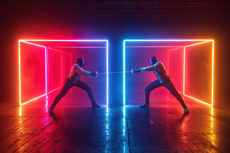 Epic sword duel in neon light urban studio high-contrast photography futuristic environment dynamic action conceptの素材