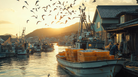 Fishing boats at sunset coastal harbor scenic photography serene environment wide angle natures bounty reflectedの素材