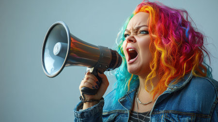 Activist shouting with megaphone urban area portrait photography colorful background close-up empowerment messageの素材
