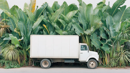 Delivery truck surrounded by lush green foliage urban setting photo daylight side view nature meets transportの素材