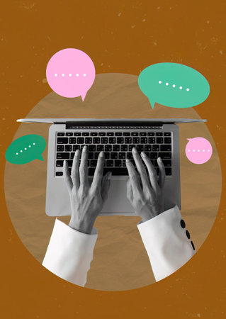Dynamic Business Collage with Laptop and Speech Bubbles for Creative Communication and Collaboration