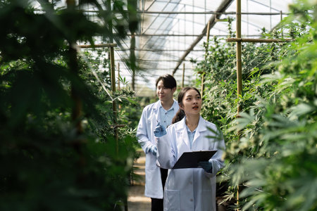 Scientists Conducting Research in a Greenhouse Filled with Lush Green Plants and Modern Agricultural Technologyの写真素材